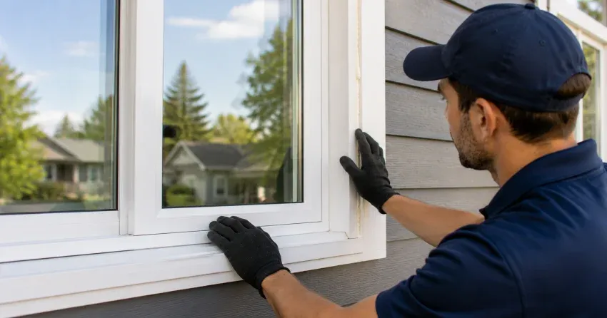 technician comparing full-frame and retrofit window replacement options in Keswick