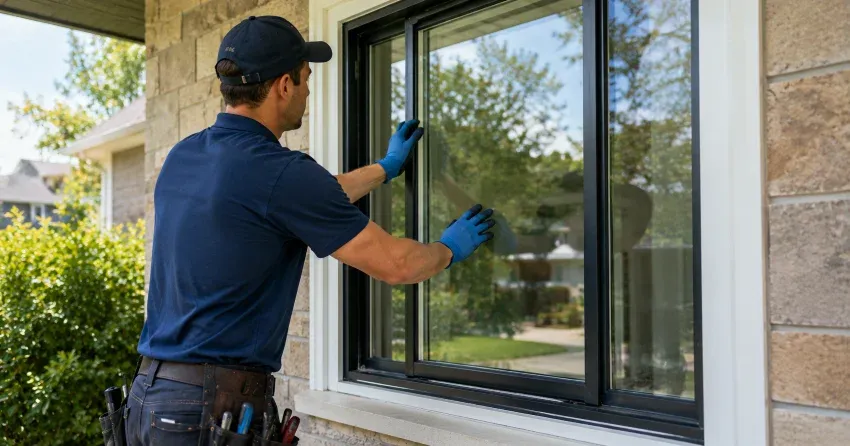 technician measuring a broken window pane for replacement in Port Bolster, Keswick