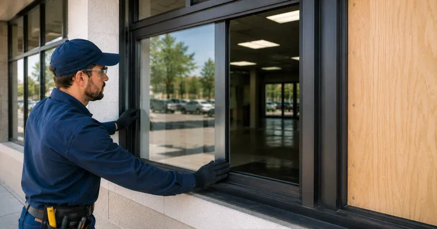 technician boarding a broken window after a break-in in Balfour Beach, Keswick