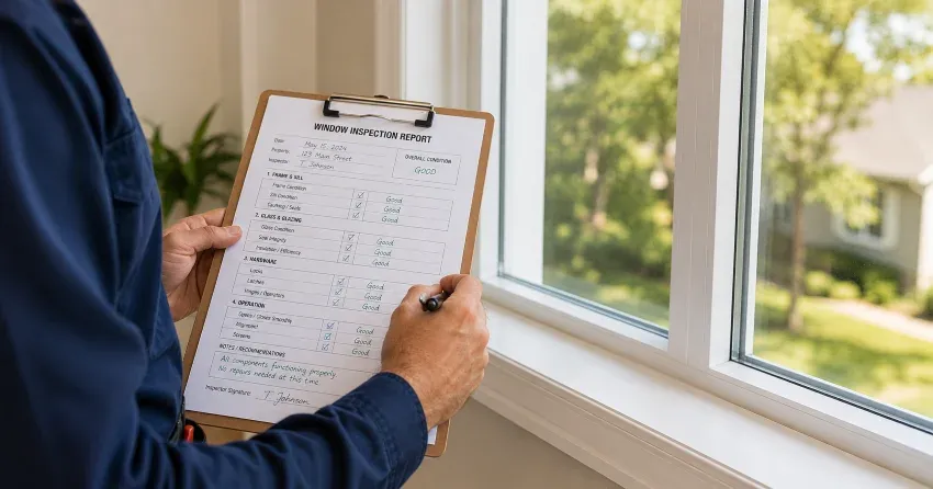 technician inspecting window seal and frame in Keswick