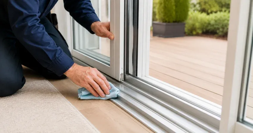technician inspecting a sliding patio door track in Willow Beach, Keswick