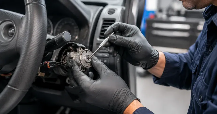 technician diagnosing an ignition lock repair issue in Sutton West, Keswick