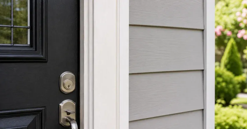 technician inspecting door jamb behind cracked casing in Keswick home