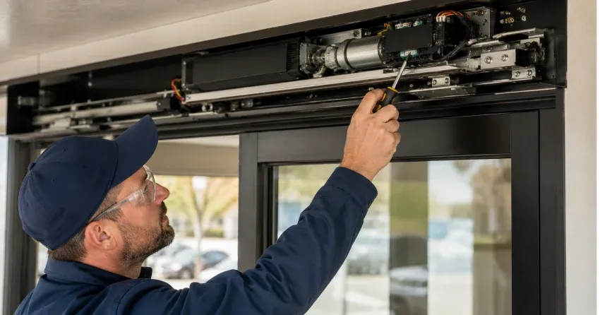 technician completing automatic door repair on residential property in Keswick