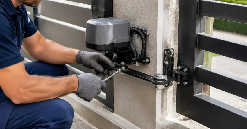technician diagnosing automatic gate motor and control panel in Belhaven, Keswick
