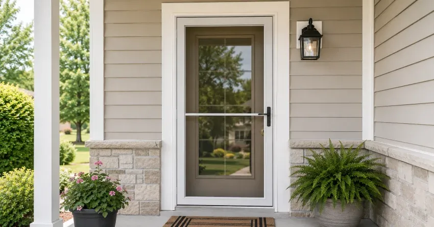 technician hanging storm door square and plumb in Pefferlaw, Keswick