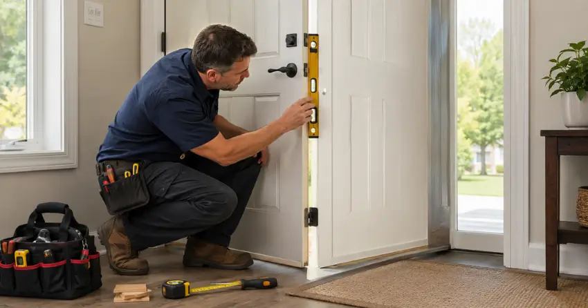 technician diagnosing a misaligned door frame in Roches Point, Keswick