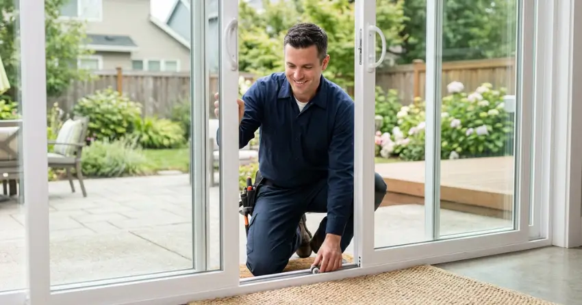 technician diagnosing a sticking patio door in Willow Beach, Keswick