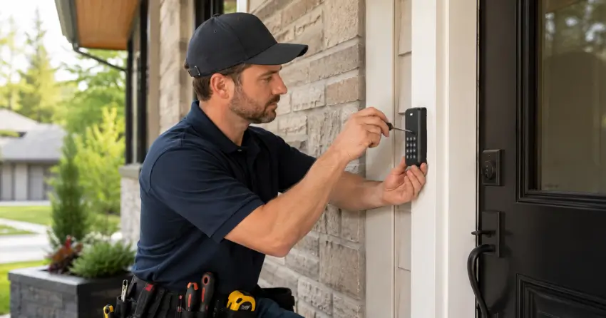 Technician installing an access control system keypad beside a residential front door in Udora, Keswick