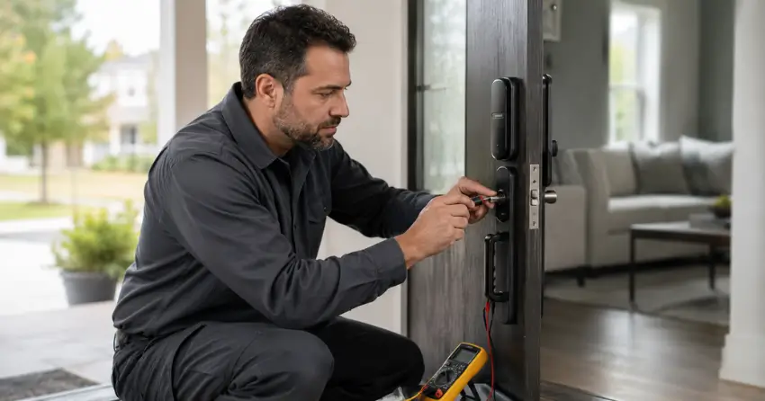 technician diagnosing automatic door lock mechanism on residential door in Willow Beach, Keswick