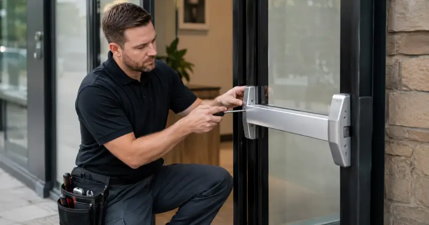 commercial locksmith repairing exit device on storefront door Keswick