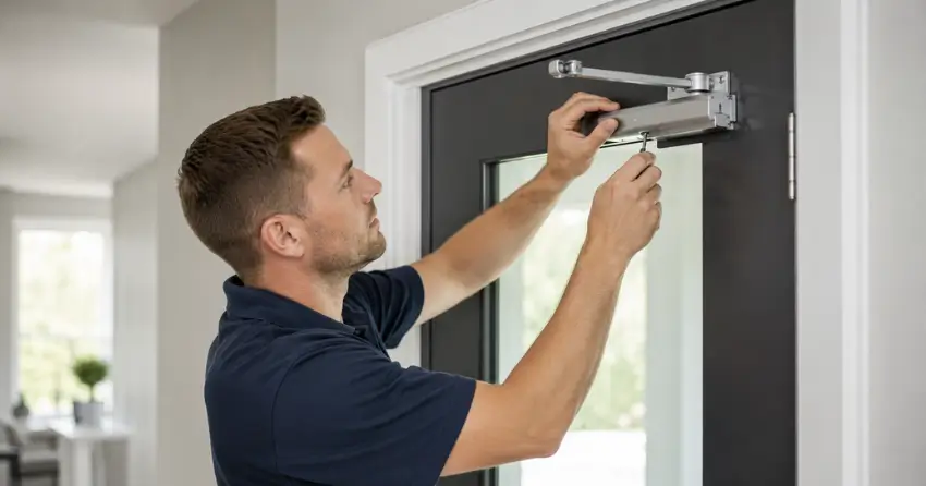 technician adjusting door closer hydraulic valve in Keswick home