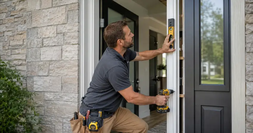 technician installing a new exterior door frame in Keswick