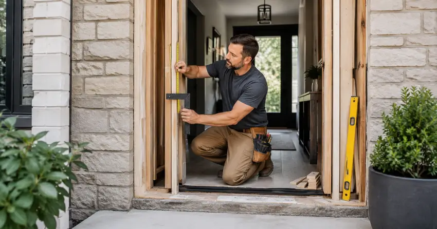 exterior door installer assessing rough opening in Balfour Beach, Keswick