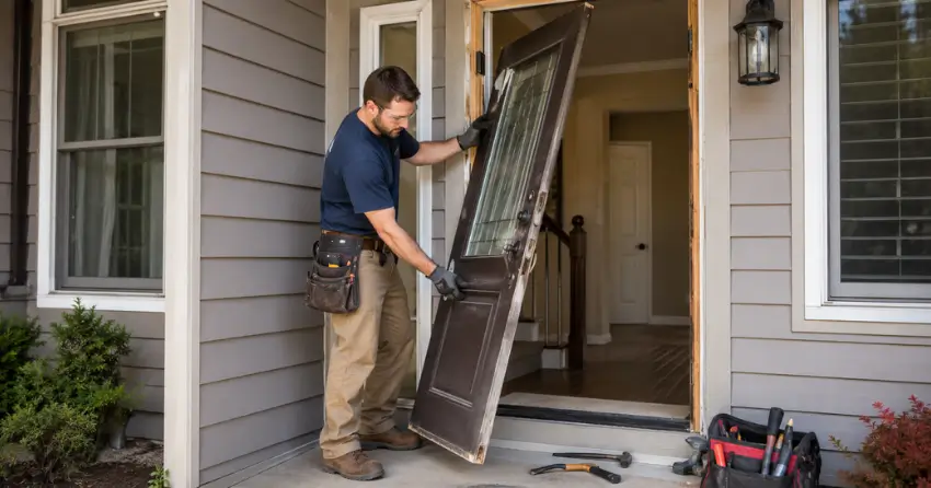 old exterior door being removed for replacement in Simcoe Landing, Keswick
