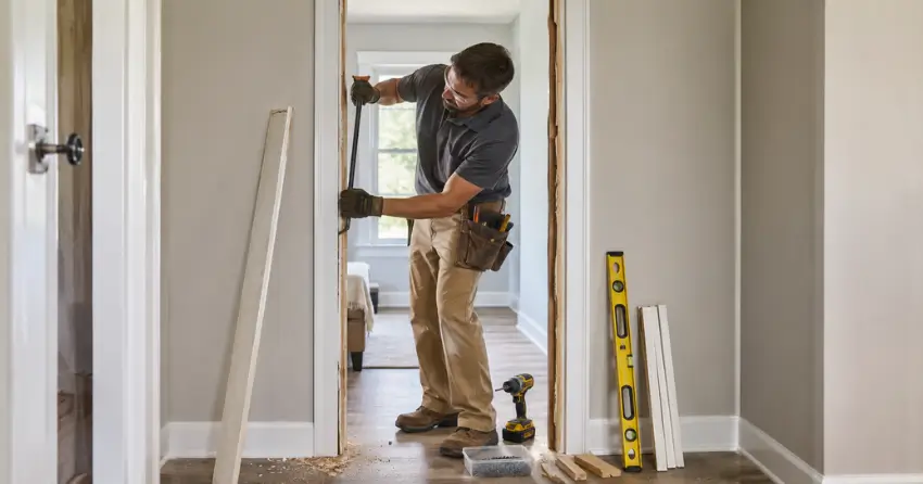 technician removing an old interior door frame during installation Port Bolster, Keswick