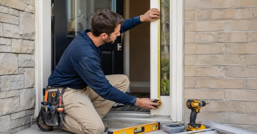 technician measuring door frame before storm door install in Balfour Beach, Keswick