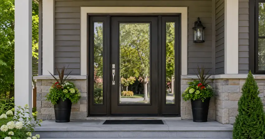 glass entry door with sidelights on a home in Baldwin, Keswick