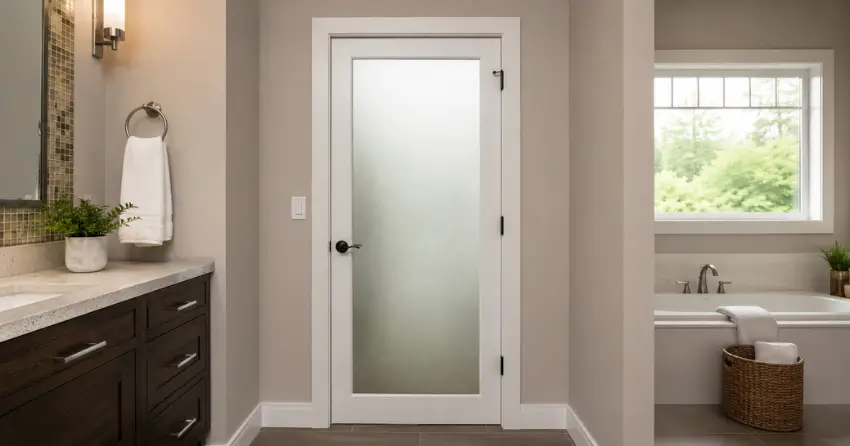 frosted glass panel bathroom door installed in a Jackson