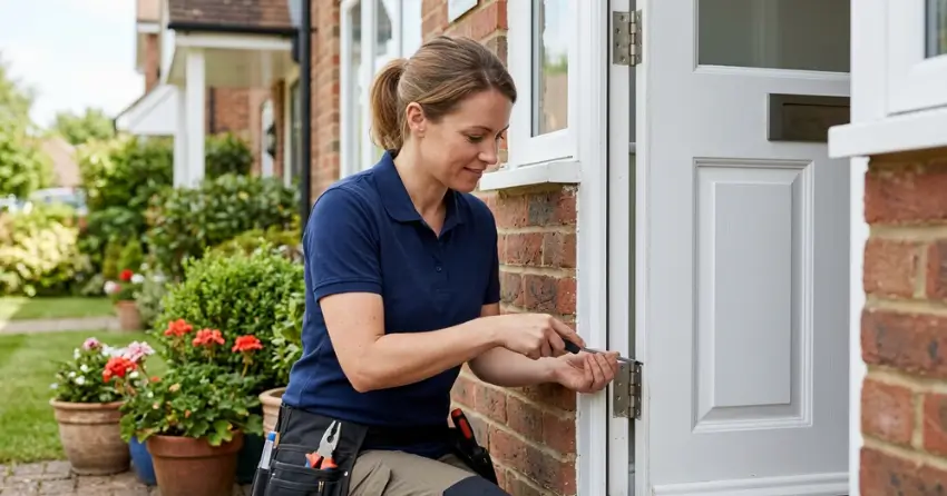 technician repairing exterior door hinge and frame in Virginia, Keswick