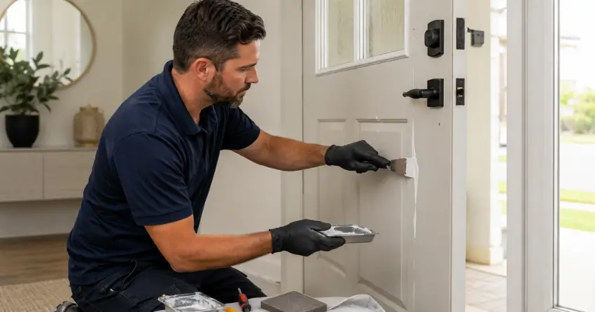 technician repairing fiberglass door surface crack in Sutton West, Keswick