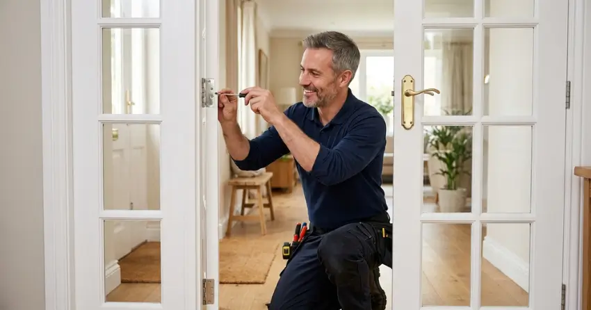 technician adjusting French door hinge for proper alignment in Simcoe Landing, Keswick