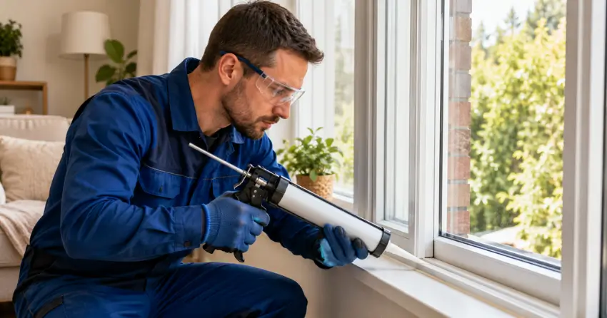 technician repairing window seal and frame in Keswick
