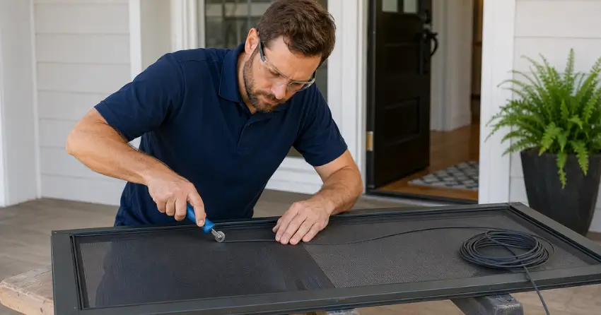 technician replacing screen door mesh and spline in Keswick