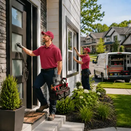 Local technicians working on entry doors, patio sliders and replacement windows throughout the service area